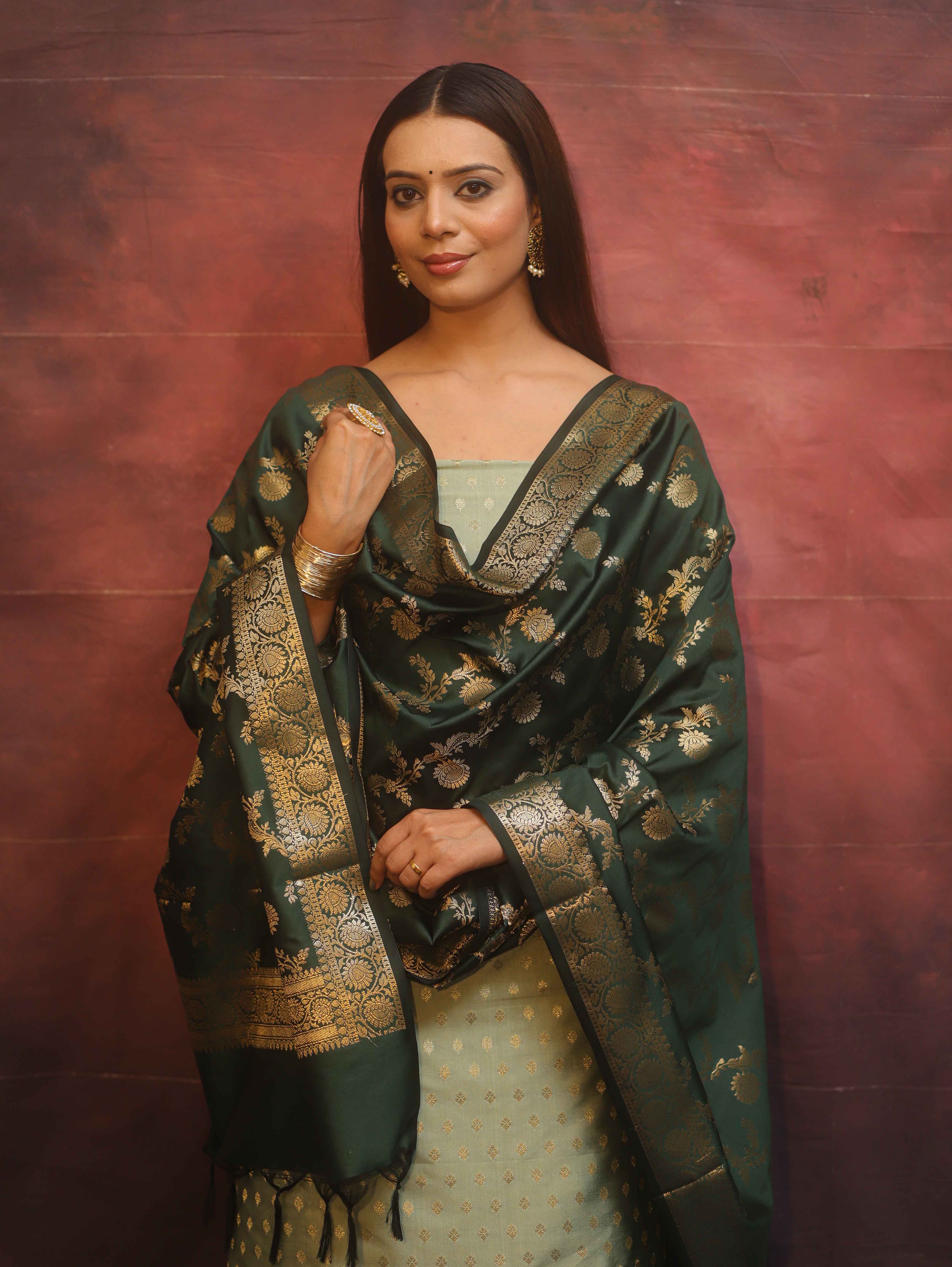 Banarasee Semi-Silk Salwar Kameez Fabric With Contrast Dupatta Set-Green