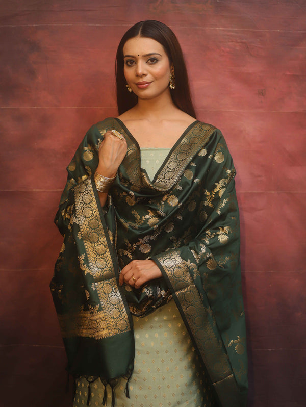 Banarasee Semi-Silk Salwar Kameez Fabric With Contrast Dupatta Set-Green