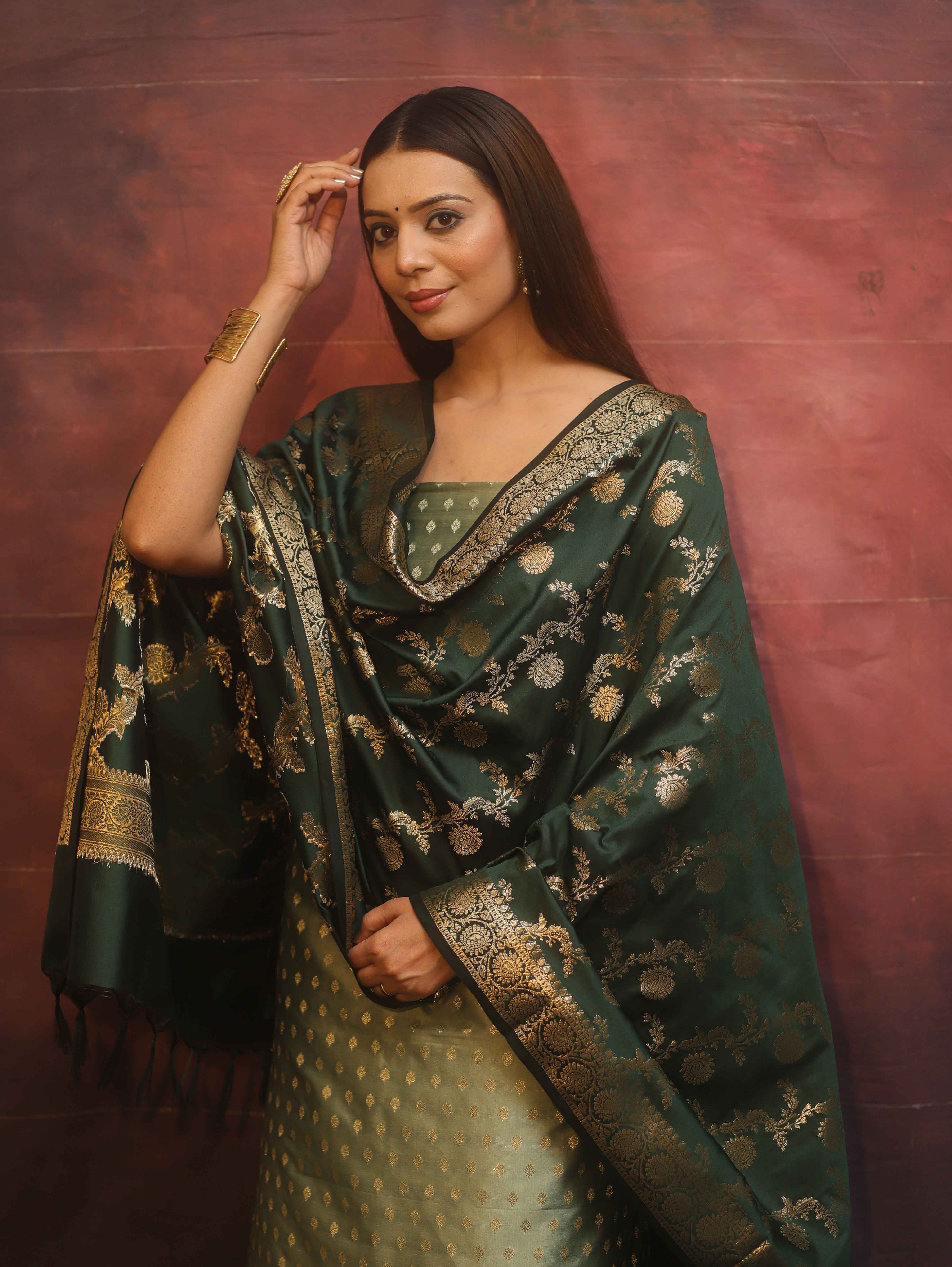 Banarasee Semi-Silk Salwar Kameez Fabric With Contrast Dupatta Set-Green