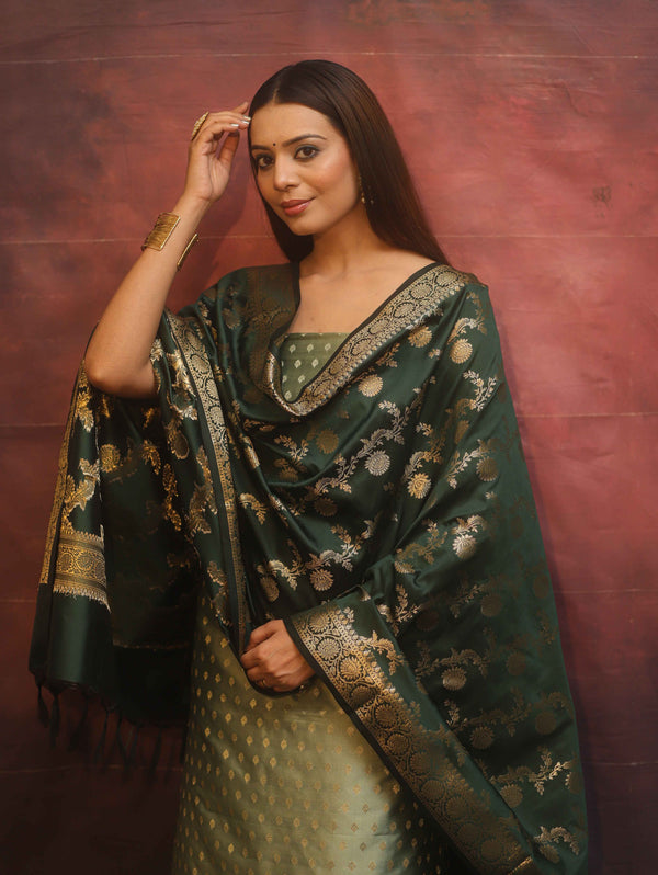 Banarasee Semi-Silk Salwar Kameez Fabric With Contrast Dupatta Set-Green