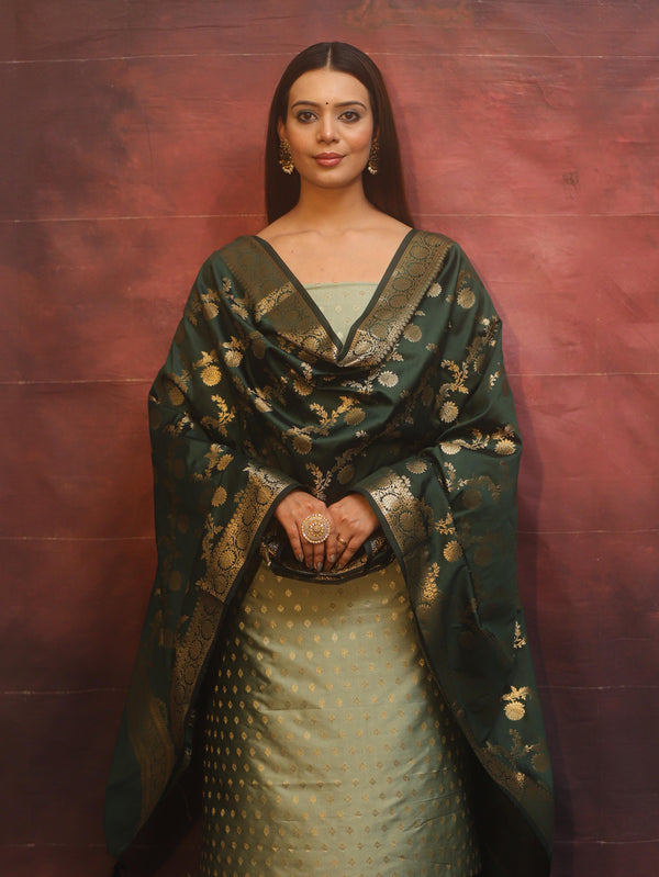 Banarasee Semi-Silk Salwar Kameez Fabric With Contrast Dupatta Set-Green