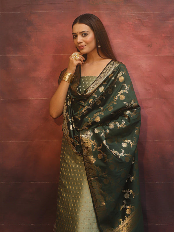 Banarasee Semi-Silk Salwar Kameez Fabric With Contrast Dupatta Set-Green