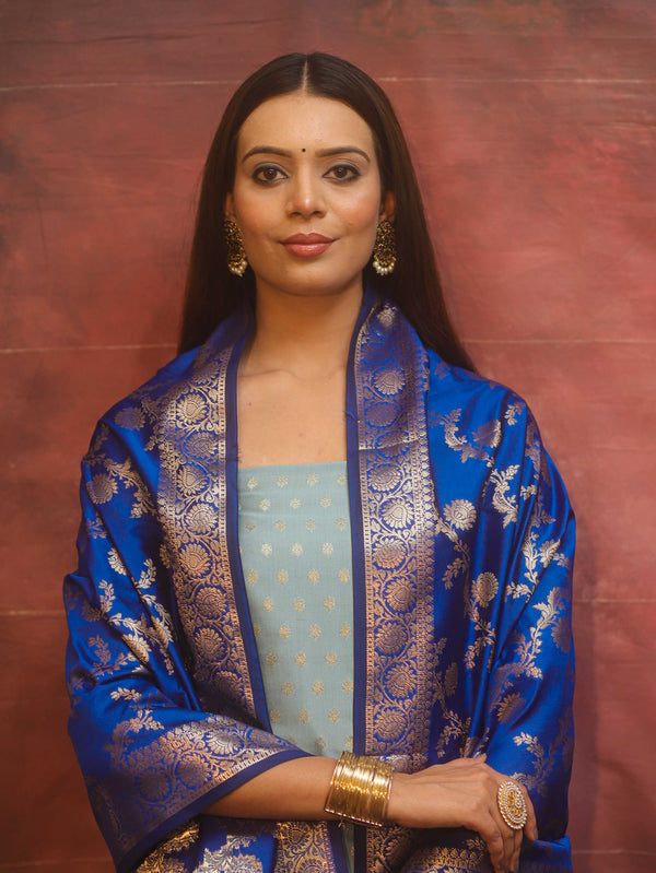 Banarasee Semi-Silk Salwar Kameez Fabric With Contrast Dupatta Set-Blue