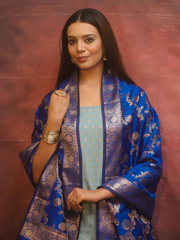 Banarasee Semi-Silk Salwar Kameez Fabric With Contrast Dupatta Set-Blue