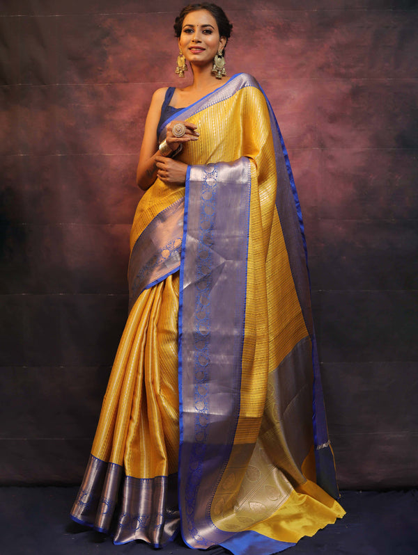 Banarasee Handwoven Broad Contrast Border Tissue Saree-Yellow & Blue