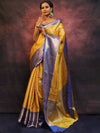 Banarasee Handwoven Broad Contrast Border Tissue Saree-Yellow & Blue