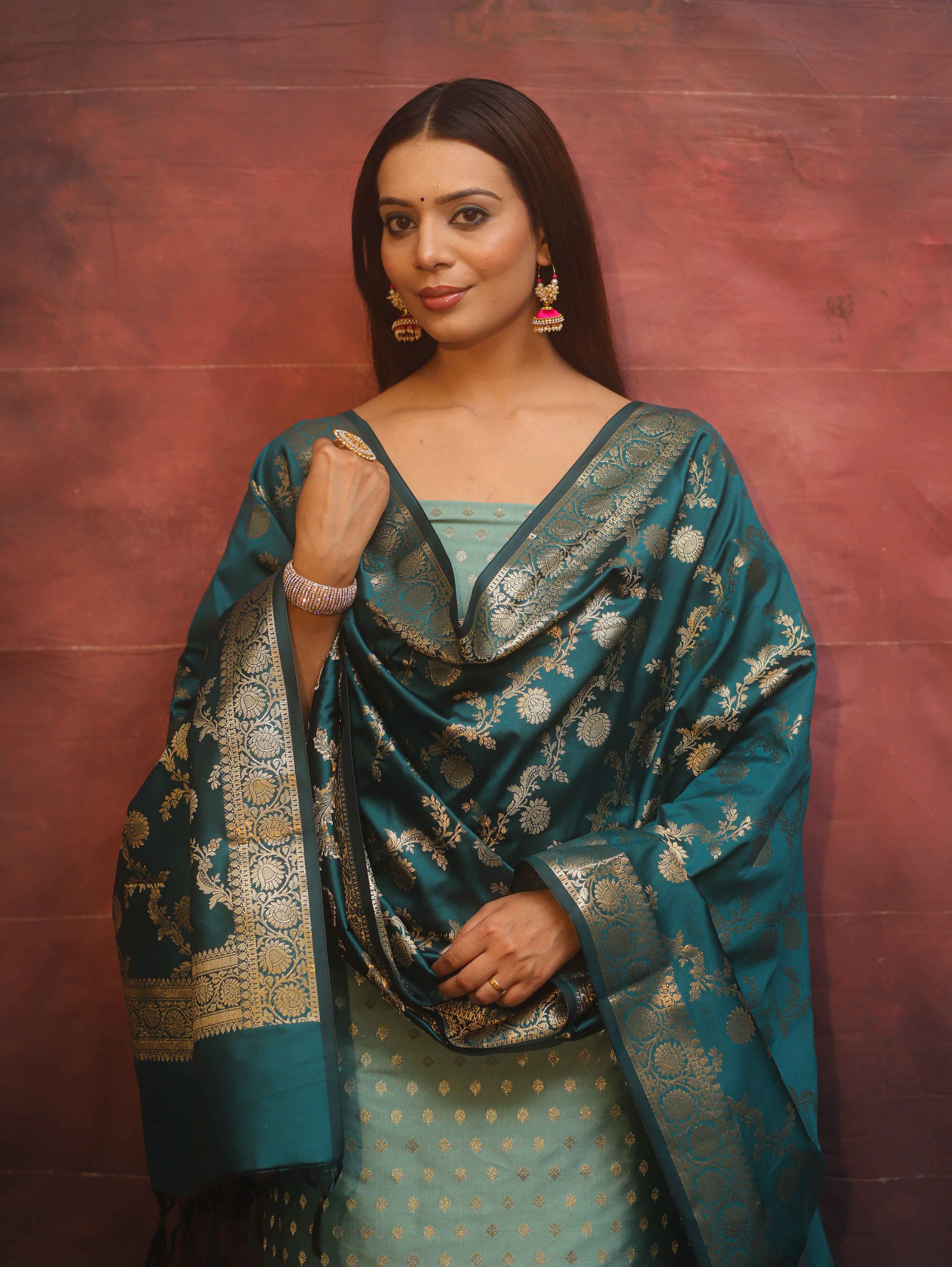 Banarasee Semi-Silk Salwar Kameez Fabric With Contrast Dupatta Set-Pastel Green