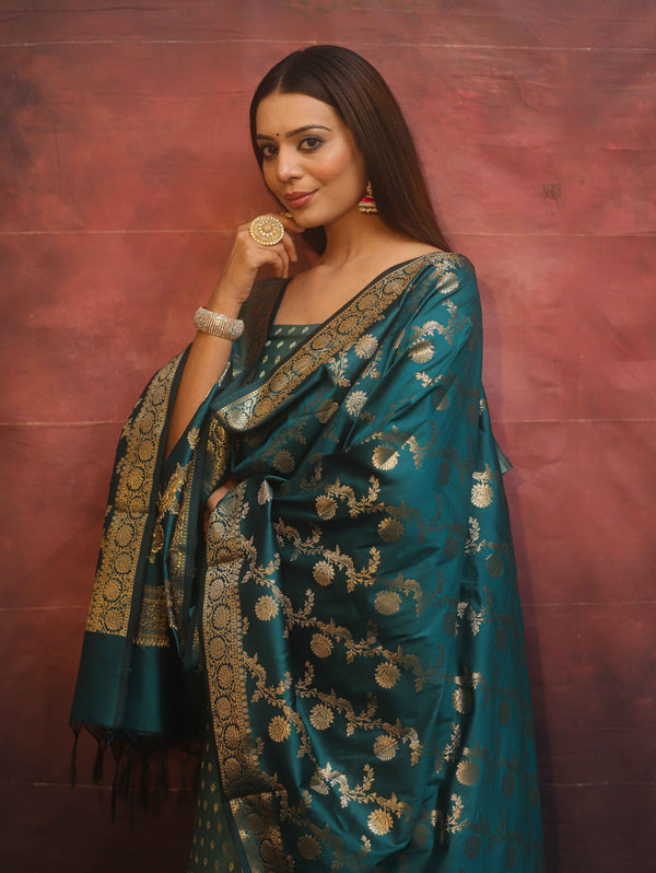 Banarasee Semi-Silk Salwar Kameez Fabric With Contrast Dupatta Set-Pastel Green