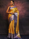 Banarasee Handwoven Broad Contrast Border Tissue Saree-Yellow & Blue