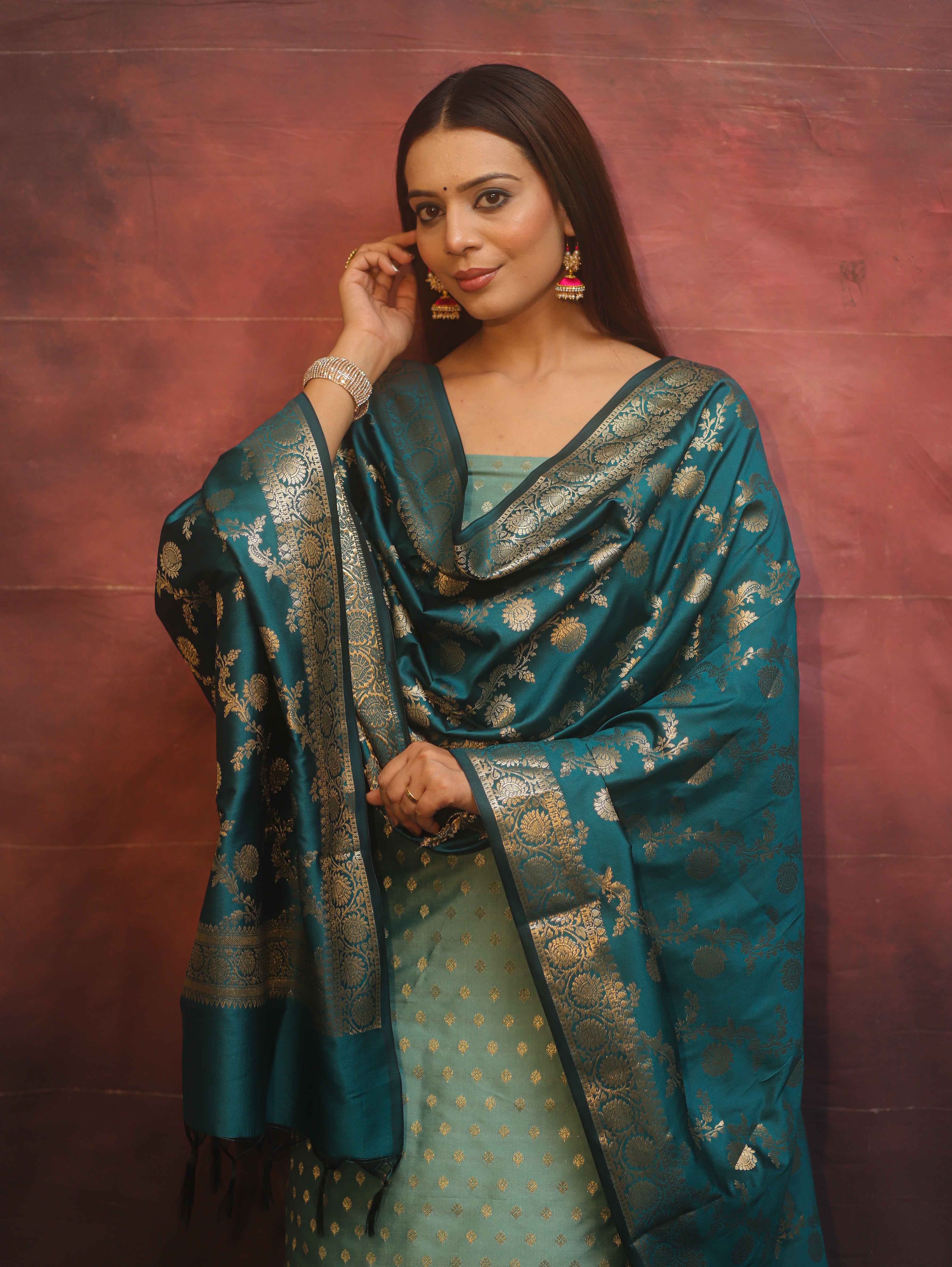 Banarasee Semi-Silk Salwar Kameez Fabric With Contrast Dupatta Set-Pastel Green