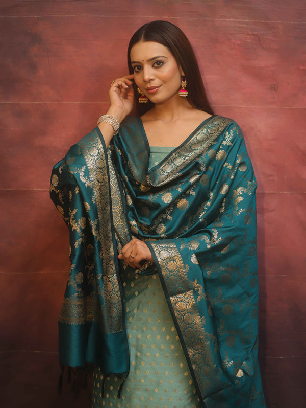 Banarasee Semi-Silk Salwar Kameez Fabric With Contrast Dupatta Set-Pastel Green