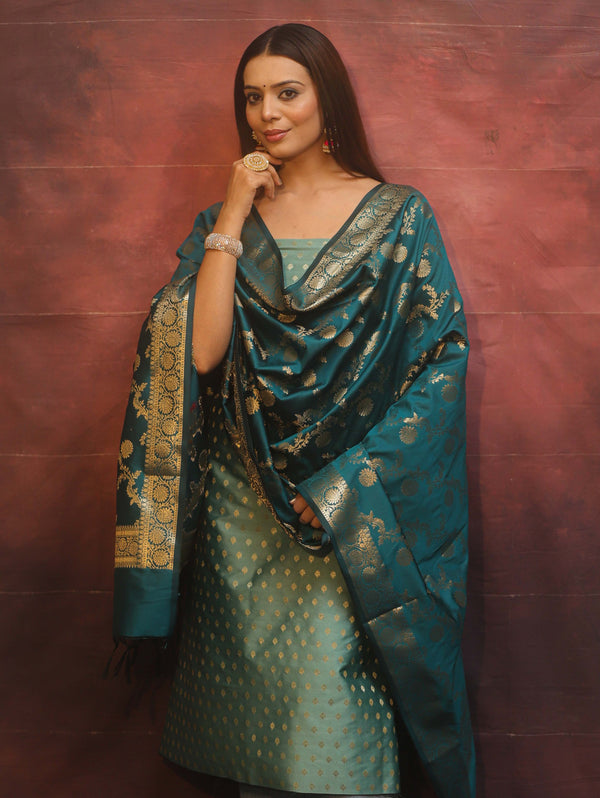 Banarasee Semi-Silk Salwar Kameez Fabric With Contrast Dupatta Set-Pastel Green