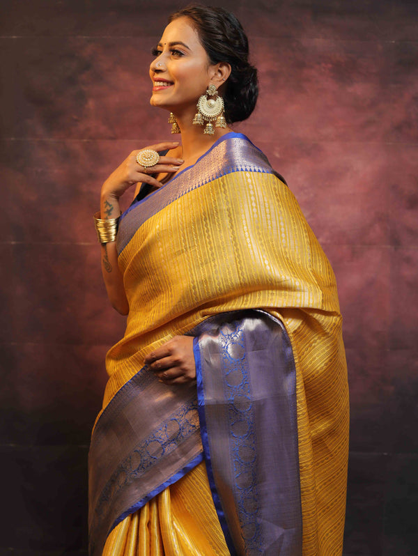 Banarasee Handwoven Broad Contrast Border Tissue Saree-Yellow & Blue