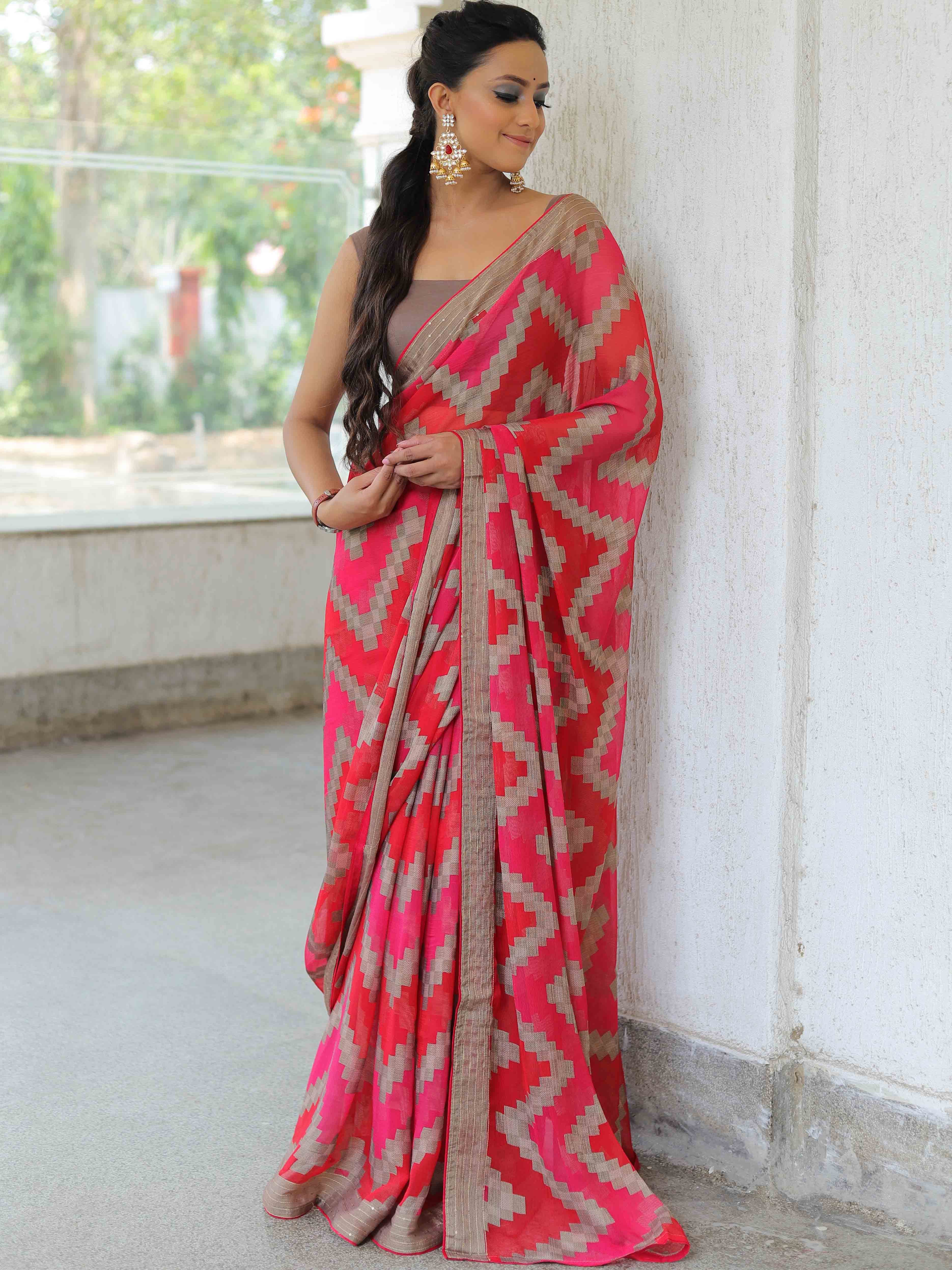 Banarasee Chiffon Blend Saree With Zig-Zag Design & Sequins Border-Red & Pink