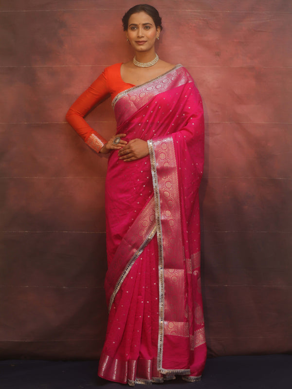 Banarasee Handwoven Semi-Chiffon Saree With Silver Zari & Lace-Pink