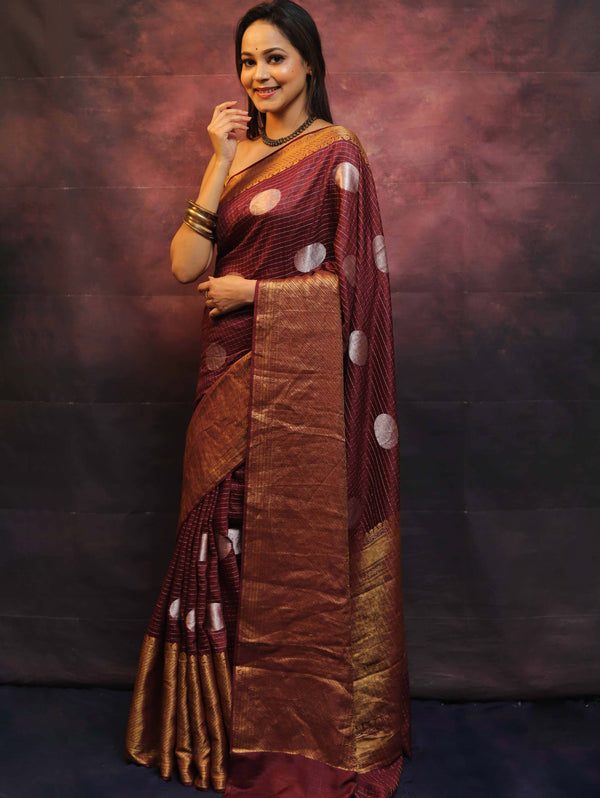 Banarasee Handwoven Pure Muga Silk Saree With Sona Rupa Zari Work-Maroon