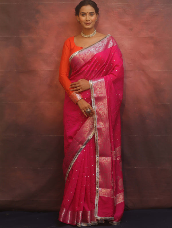 Banarasee Handwoven Semi-Chiffon Saree With Silver Zari & Lace-Pink