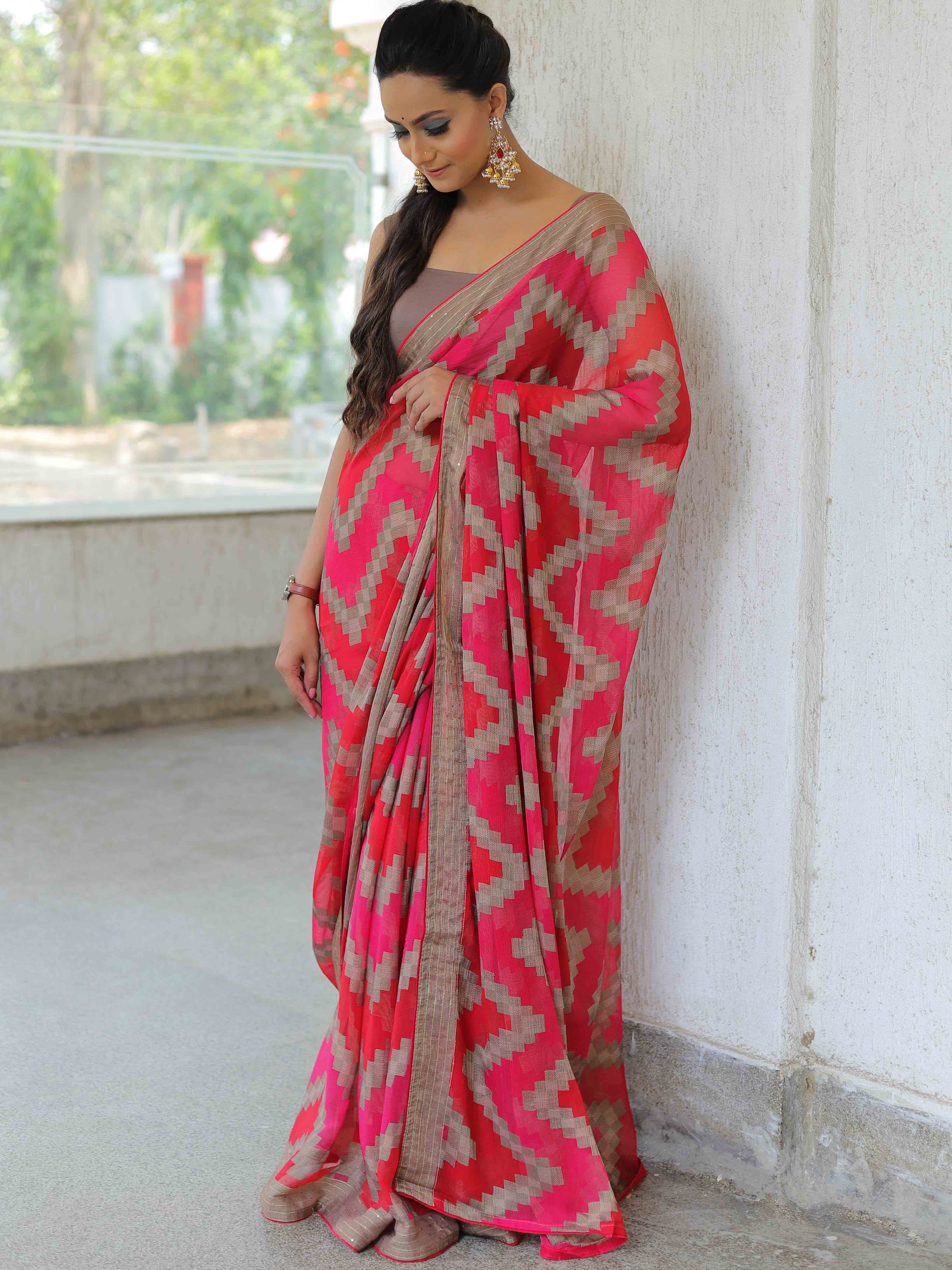 Banarasee Chiffon Blend Saree With Zig-Zag Design & Sequins Border-Red & Pink