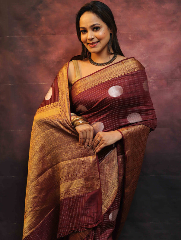 Banarasee Handwoven Pure Muga Silk Saree With Sona Rupa Zari Work-Maroon