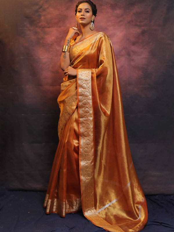 Banarasee Handwoven Plain Tissue Zari Border Saree-Gold