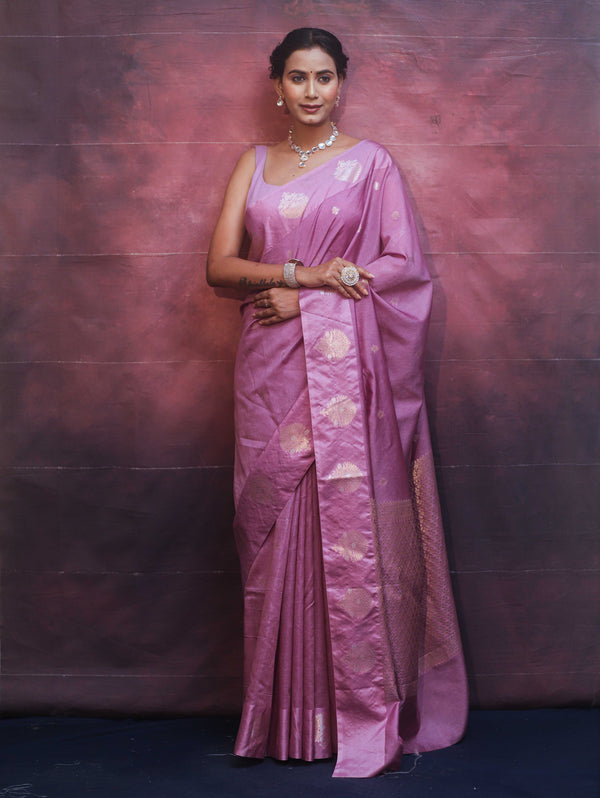 Banarasee Handwoven Semi Silk Saree With Zari Buti Design-Lavender