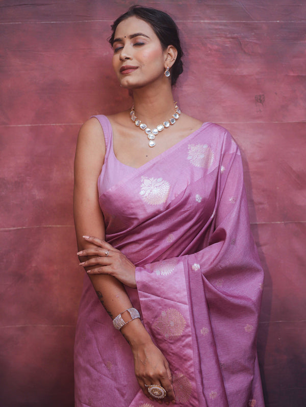 Banarasee Handwoven Semi Silk Saree With Zari Buti Design-Lavender