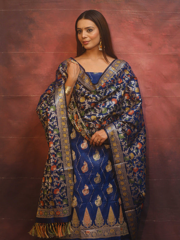 Banarasee Cotton Silk Resham Work Salwar Kameez Fabric With Dupatta-Blue