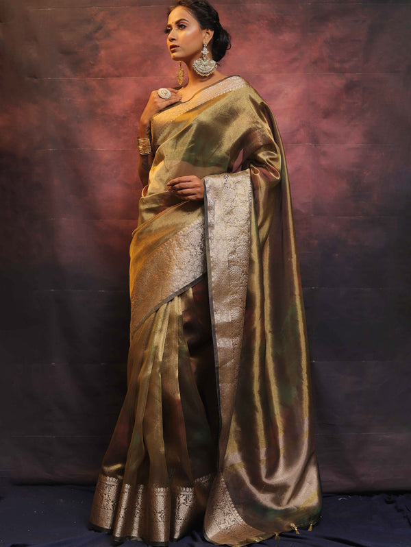 Banarasee Handwoven Shibori Tissue Zari Border Saree-Olive Green