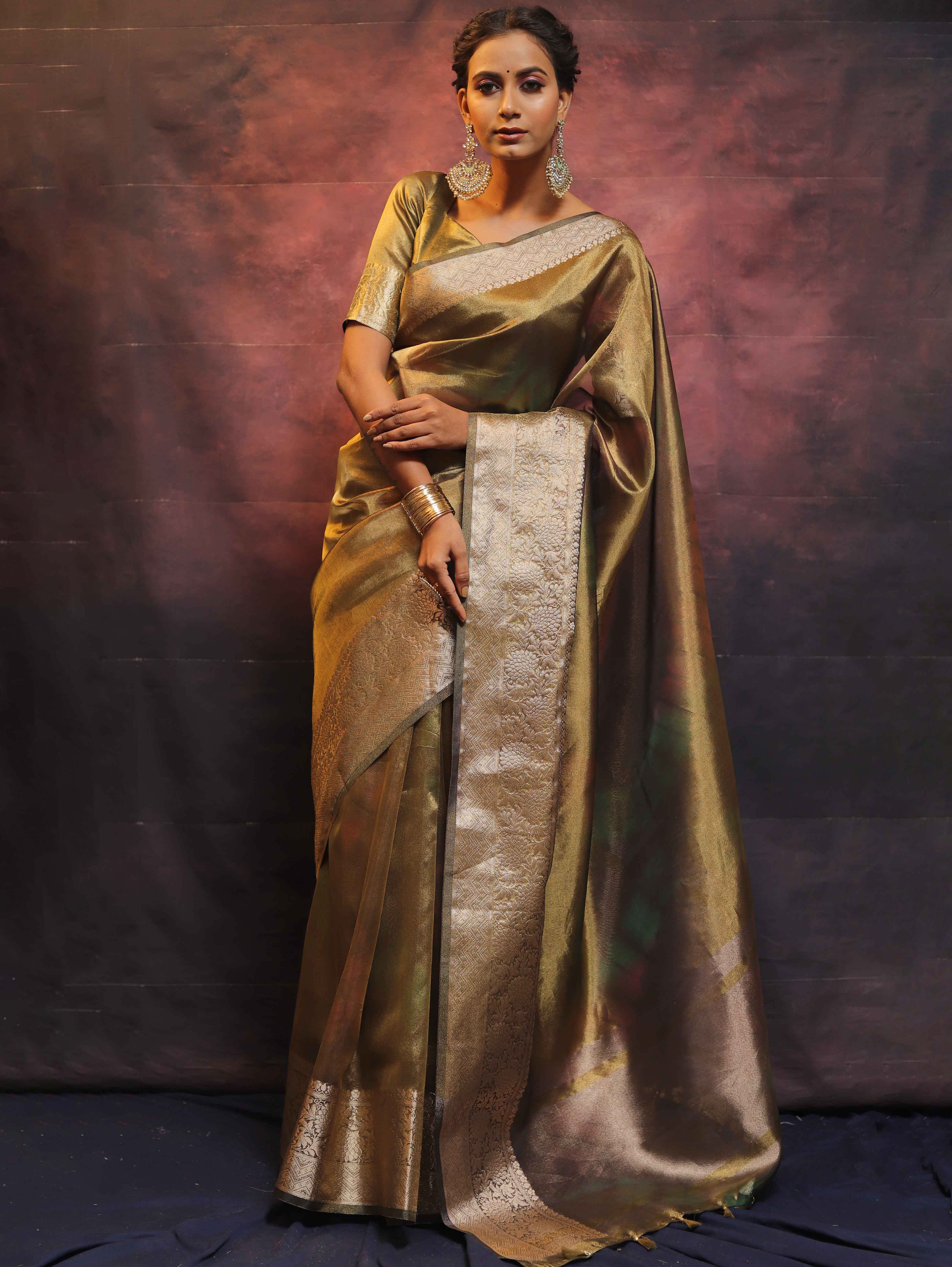 Banarasee Handwoven Shibori Tissue Zari Border Saree-Olive Green