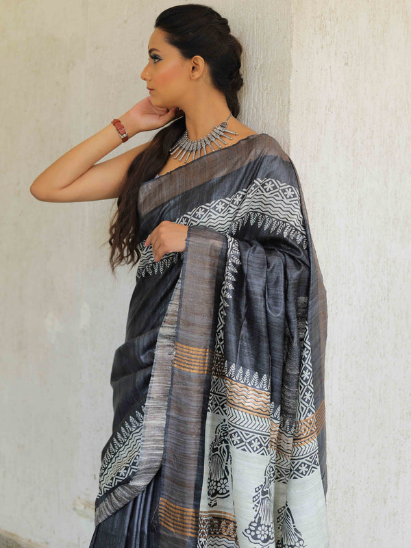 Bhagalpur Pure Handloom Tussar Silk Saree With Hand Block Print-Grey & White