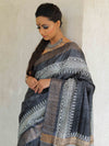 Bhagalpur Pure Handloom Tussar Silk Saree With Hand Block Print-Grey & White