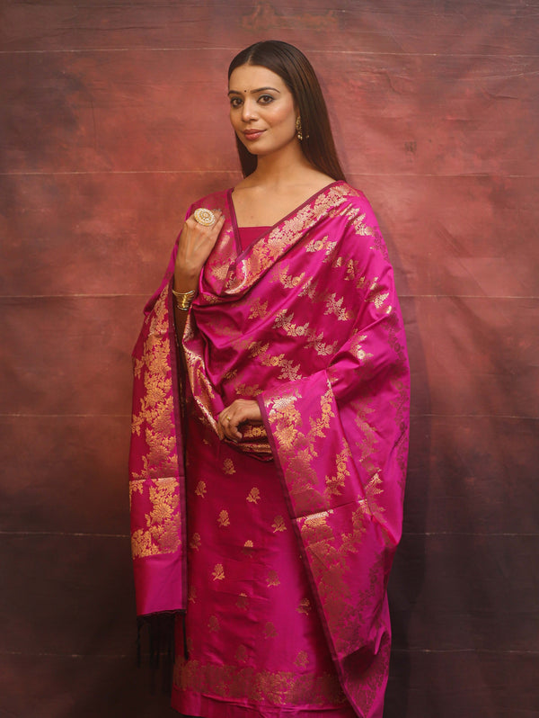 Banarasee Semi-Silk Salwar Kameez Fabric With Dupatta Set-Pink