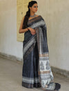Bhagalpur Pure Handloom Tussar Silk Saree With Hand Block Print-Grey & White