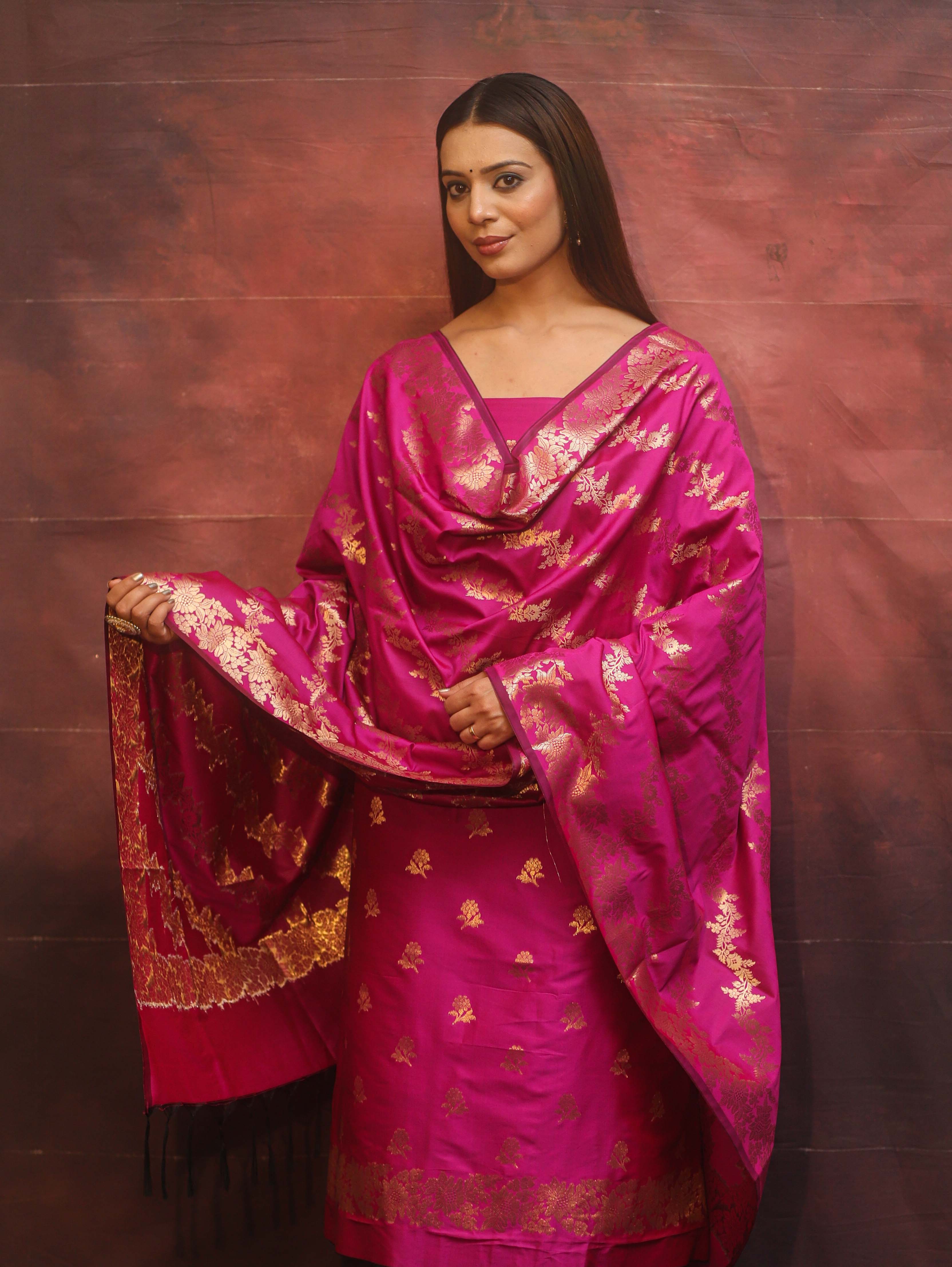 Banarasee Semi-Silk Salwar Kameez Fabric With Dupatta Set-Pink