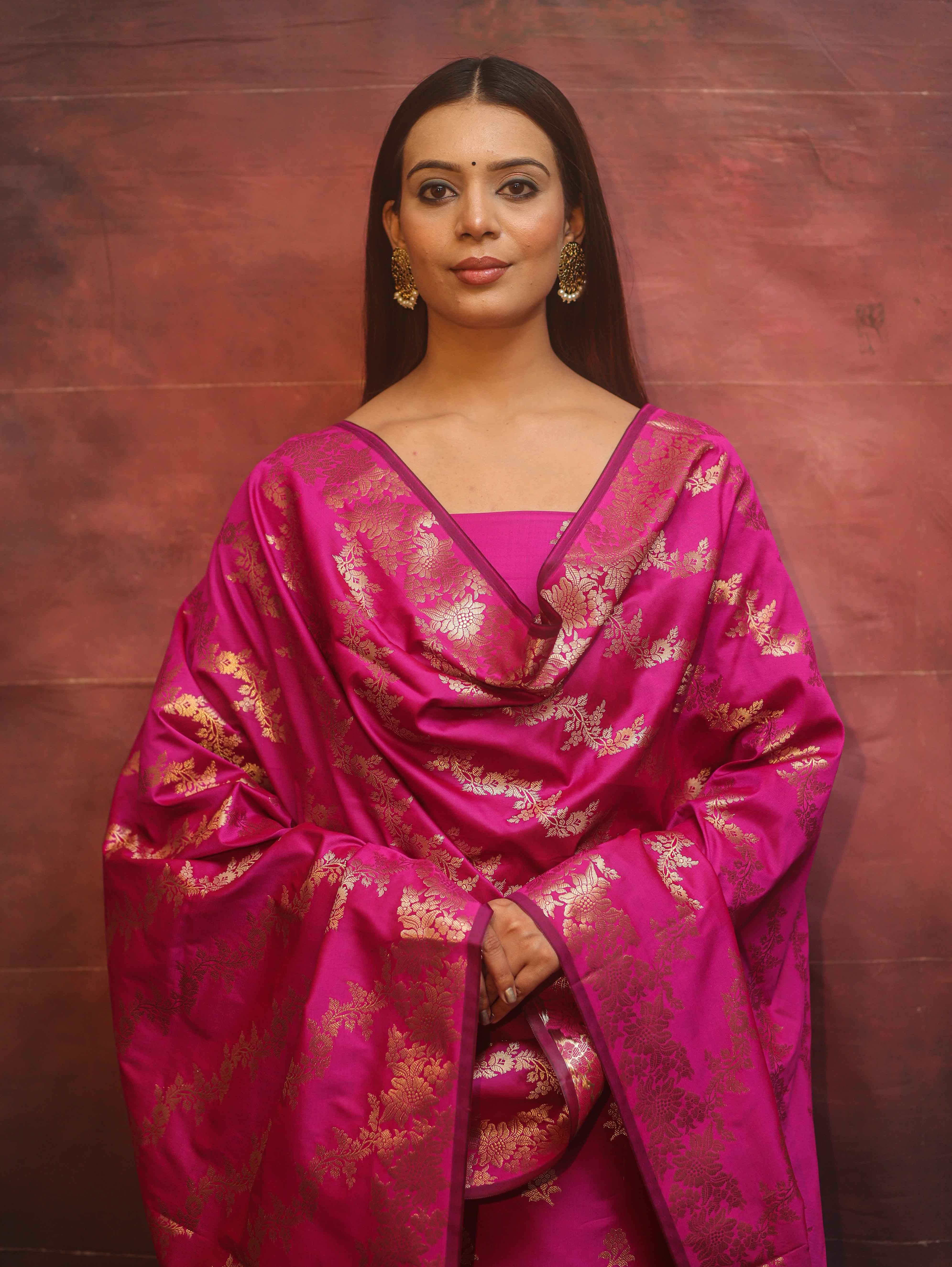 Banarasee Semi-Silk Salwar Kameez Fabric With Dupatta Set-Pink