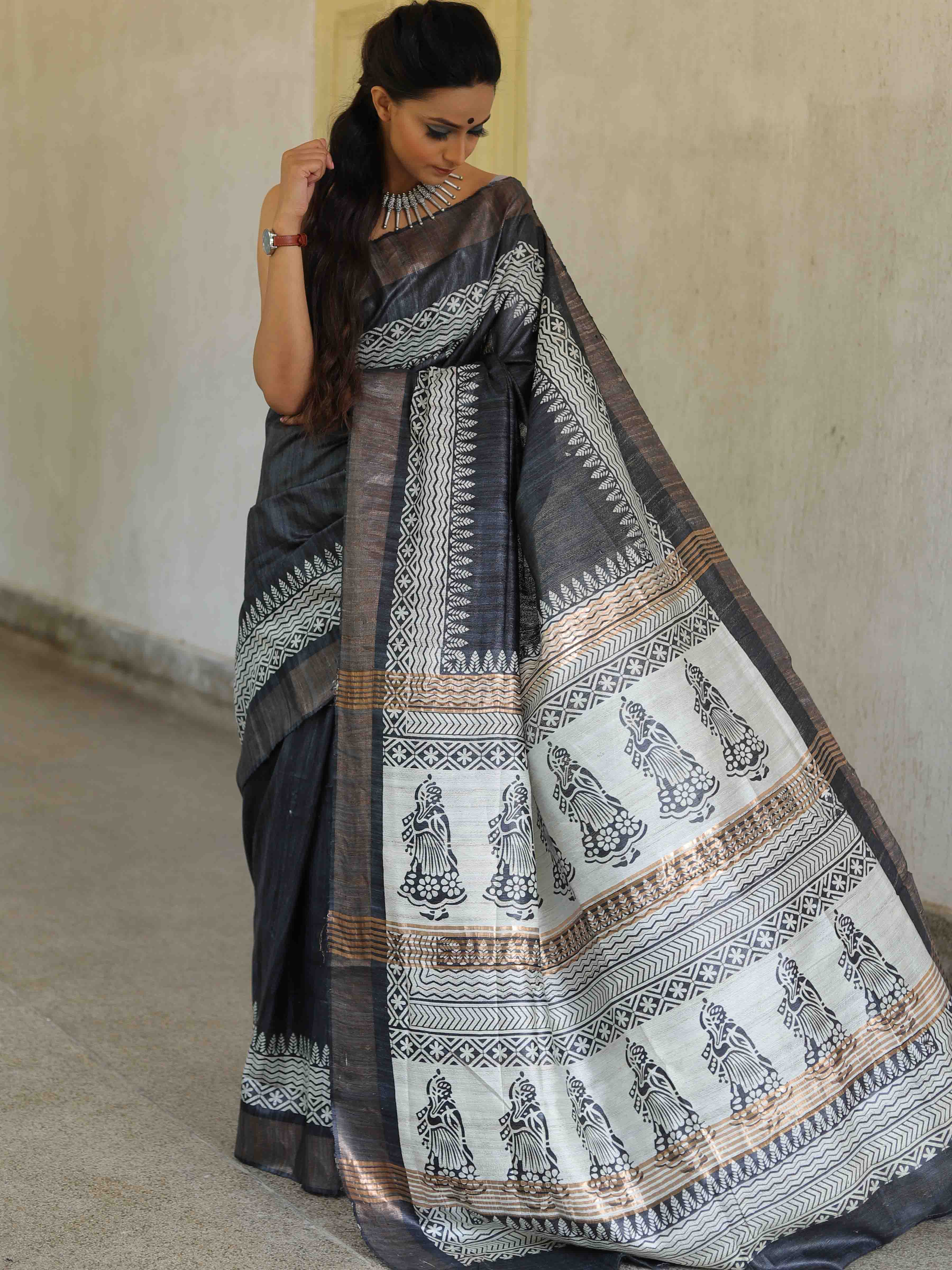 Bhagalpur Pure Handloom Tussar Silk Saree With Hand Block Print-Grey & White