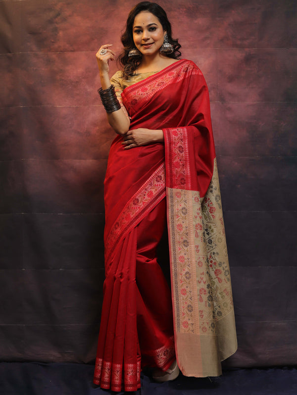 Banarasee Cotton Silk Saree With Resham Border & Pallu-Red