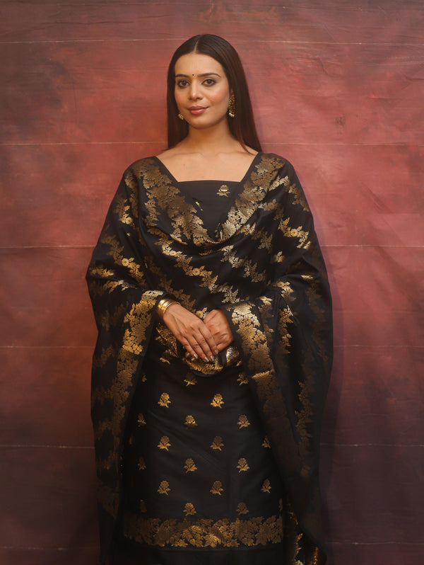 Banarasee Semi-Silk Salwar Kameez Fabric With Dupatta Set-Black
