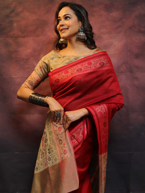 Banarasee Cotton Silk Saree With Resham Border & Pallu-Red