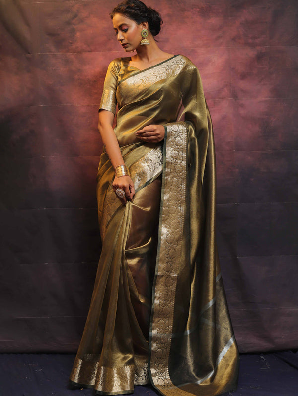 Banarasee Handwoven Plain Tissue Zari Border Saree-Olive Green