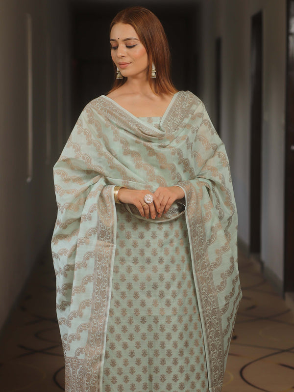 Banarasee Cotton Salwar Kameez Fabric With Dupatta & Resham Zari-Light Blue