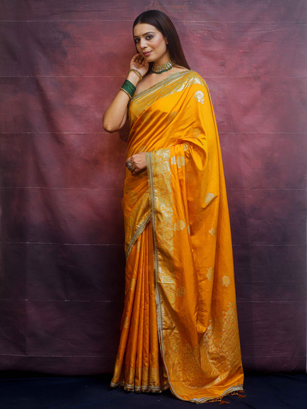 Banarasee Handwoven Semi Silk Saree With Zari Border & Lace-Mustard Yellow