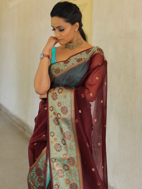 Banarasee Organza Mix Saree With Contrast Zari Meena Border-Maroon