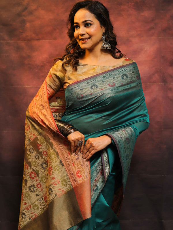 Banarasee Cotton Silk Saree With Resham Border & Pallu-Green
