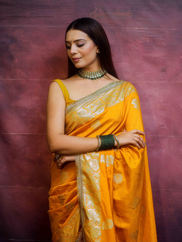 Banarasee Handwoven Semi Silk Saree With Zari Border & Lace-Mustard Yellow