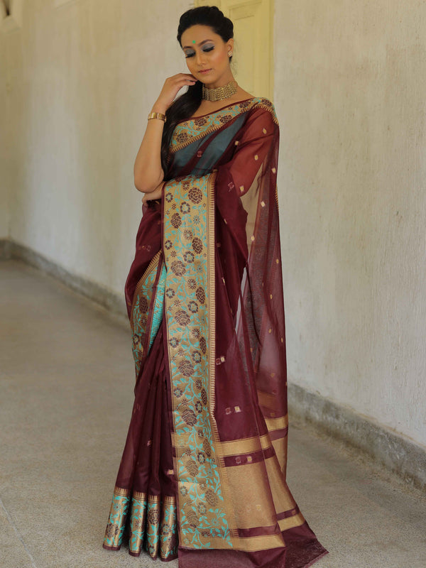 Banarasee Organza Mix Saree With Contrast Zari Meena Border-Maroon