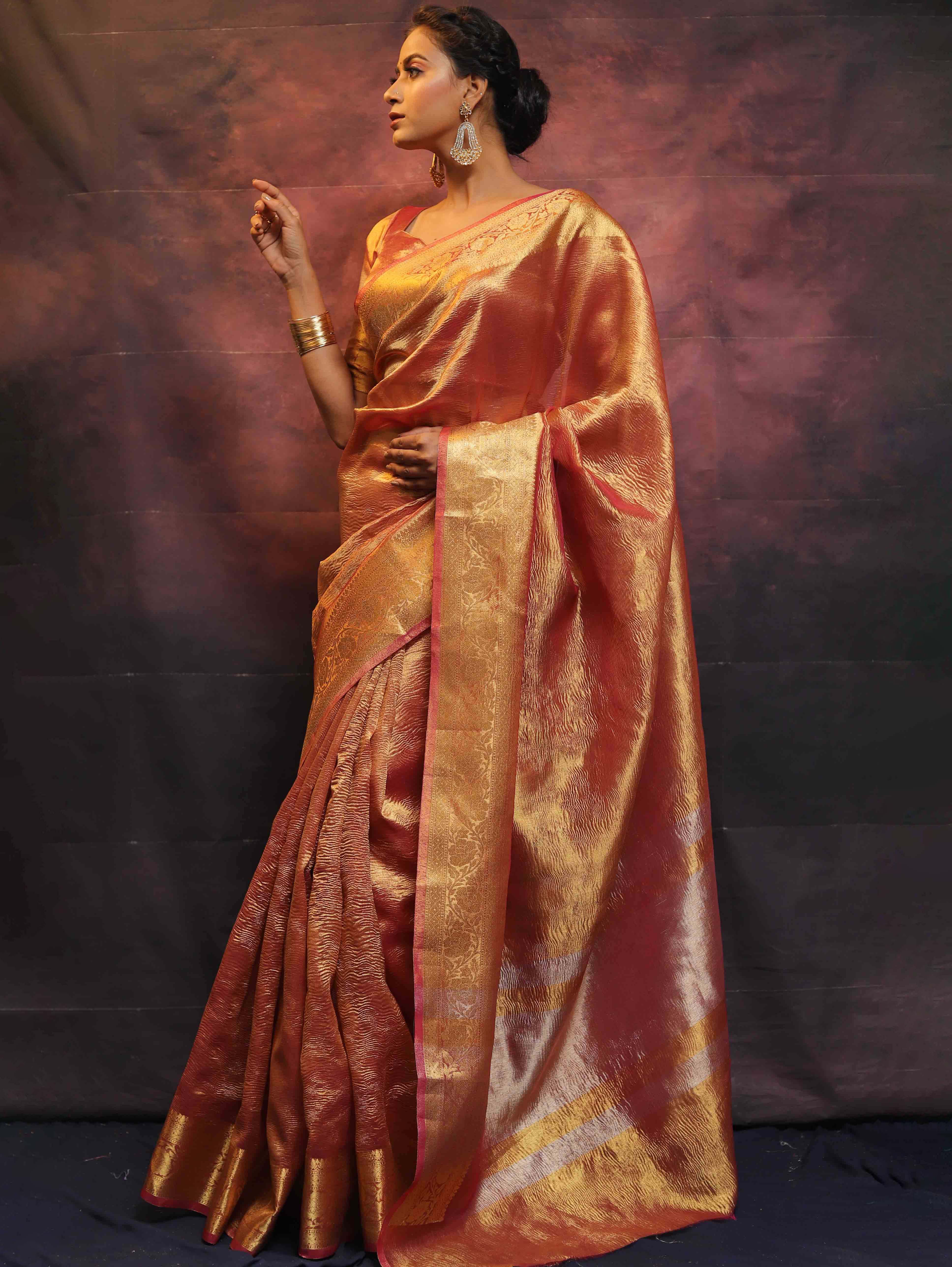 Banarasee Handwoven Crushed Tissue Zari Border Saree-Rust