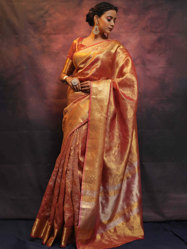 Banarasee Handwoven Crushed Tissue Zari Border Saree-Rust