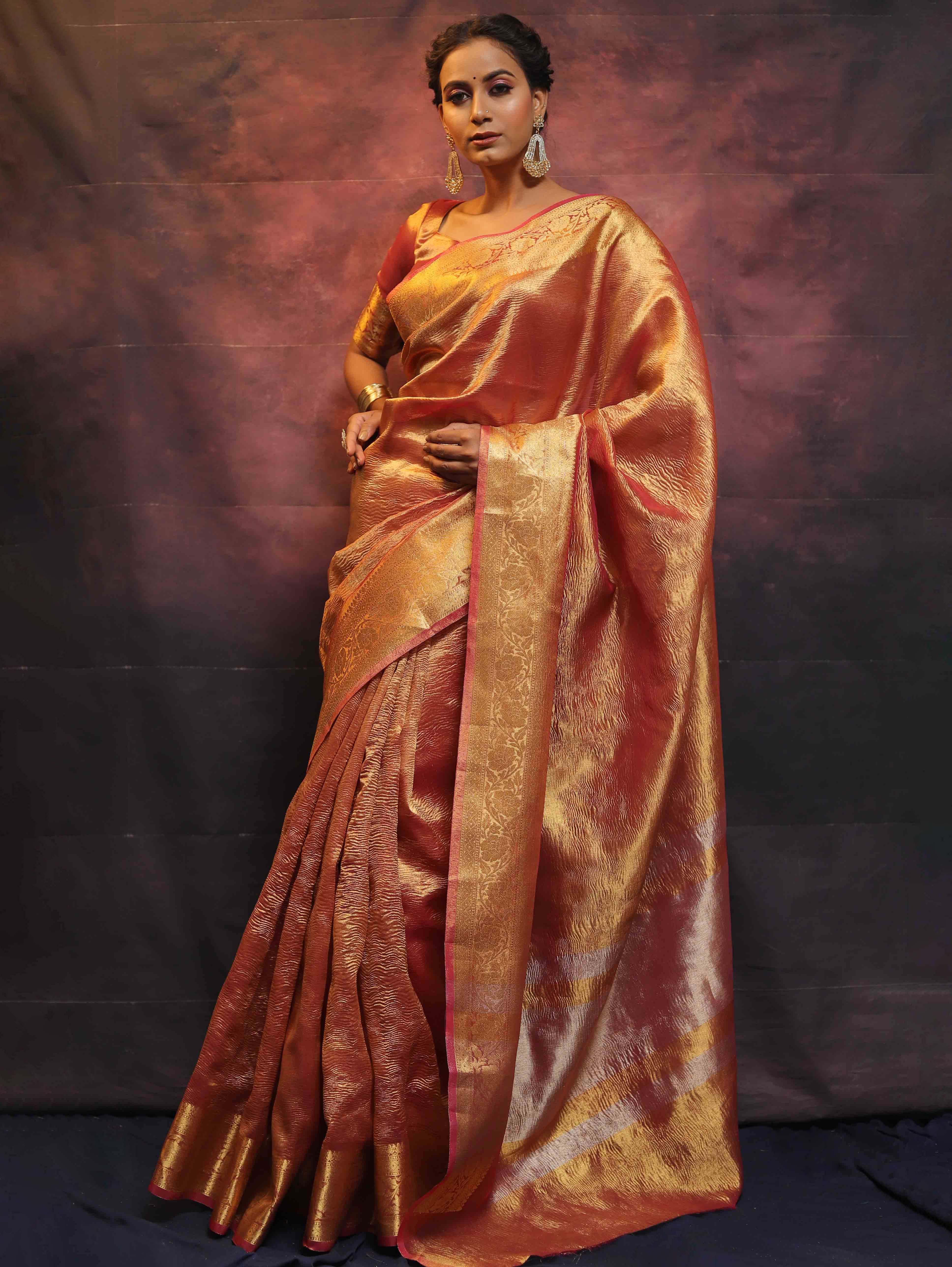 Banarasee Handwoven Crushed Tissue Zari Border Saree-Rust