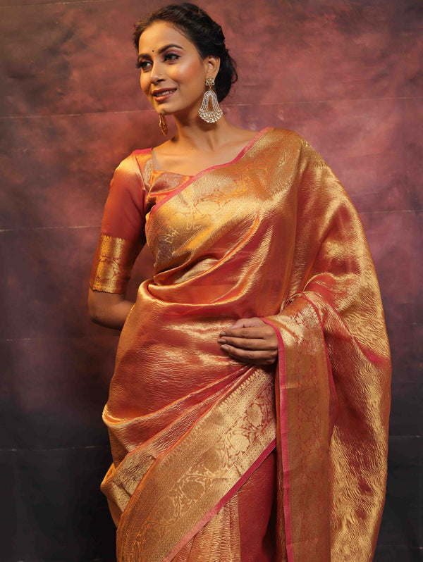 Banarasee Handwoven Crushed Tissue Zari Border Saree-Rust